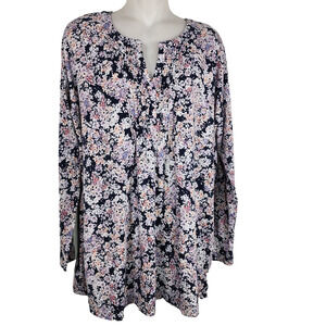J. Jill Womens Pintucked Tunic Top Medium Floral V Neck Long Sleeve Cottagecore